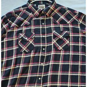 VTG Ely Cattleman Flannel Pearl Snap Shirt Mens 2XL Western Black Plaid Cowboy